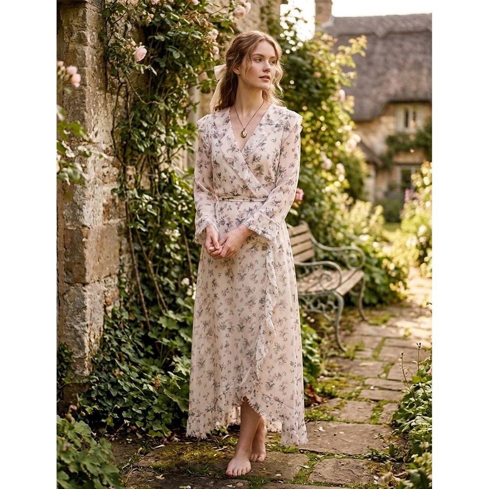 Jowell Floral Wrap Maxi Dress Womens Small Cream Pink Excellent